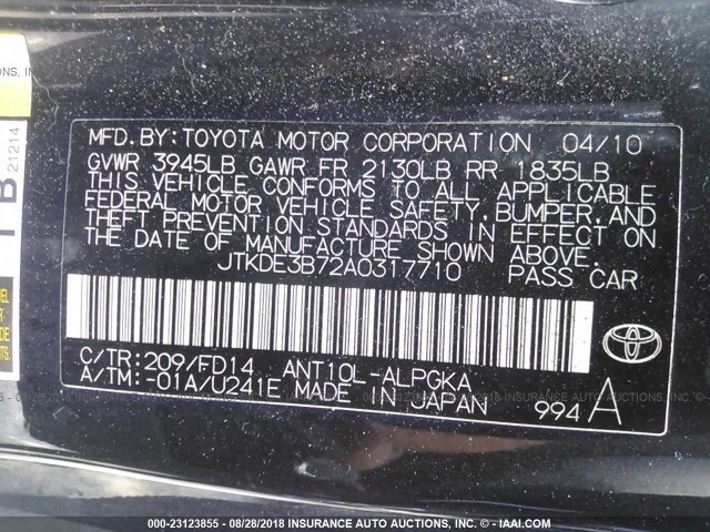 JTKDE3B72A0317710 - 2010 TOYOTA SCION TC 黑色 照片 9