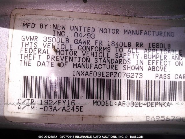 1NXAE09E2PZ076273 - 1993 TOYOTA COROLLA LE/DX ვერცხლისფერი ფოტო 9