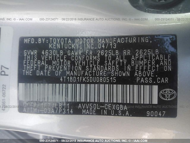 4T1BD1FK5DU080515 - 2013 TOYOTA CAMRY HYBRID/LE/XLE 银色 照片 9