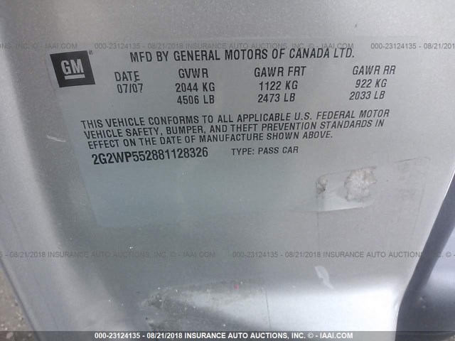 2G2WP552881128326 - 2008 PONTIAC GRAND PRIX SILVER photo 9