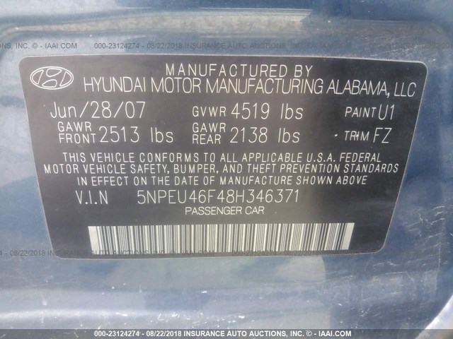 5NPEU46F48H346371 - 2008 HYUNDAI SONATA SE/LIMITED BLUE photo 9