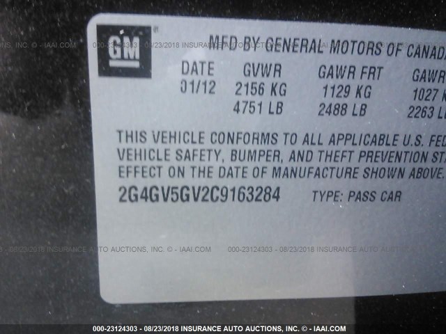 2G4GV5GV2C9163284 - 2012 BUICK REGAL GS BLACK photo 9