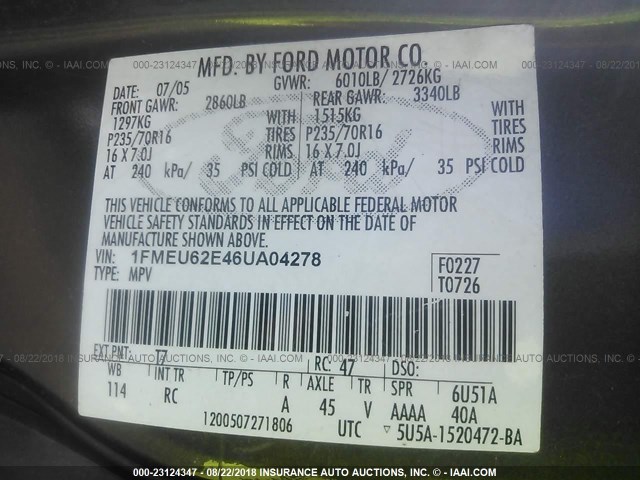 1FMEU62E46UA04278 - 2006 FORD EXPLORER XLS GRAY photo 9