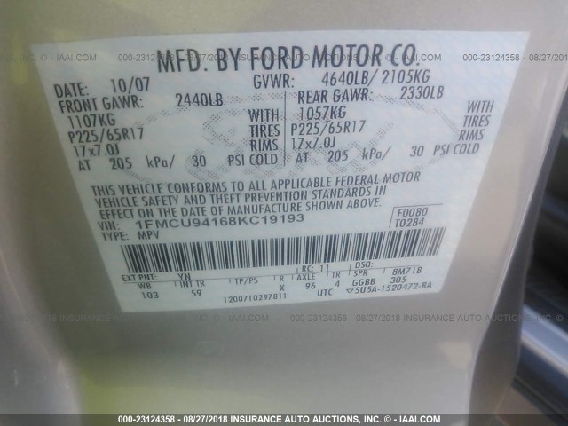1FMCU94168KC19193 - 2008 FORD ESCAPE LIMITED GRAY photo 9