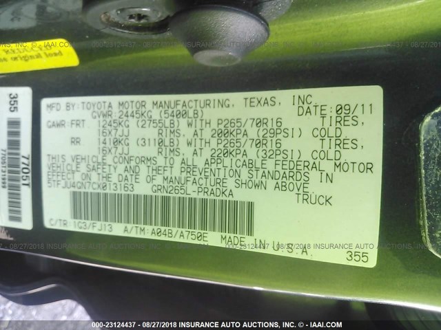 5TFJU4GN7CX013163 - 2012 TOYOTA TACOMA DOUBLE CAB PRERUNNER GRAY photo 9