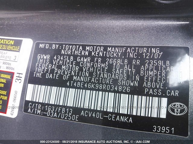 4T4BE46K98R034826 - 2008 TOYOTA CAMRY CE/LE/XLE/SE GRAY photo 9