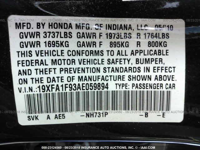 19XFA1F93AE059894 - 2010 HONDA CIVIC EXL 黑色 照片 9