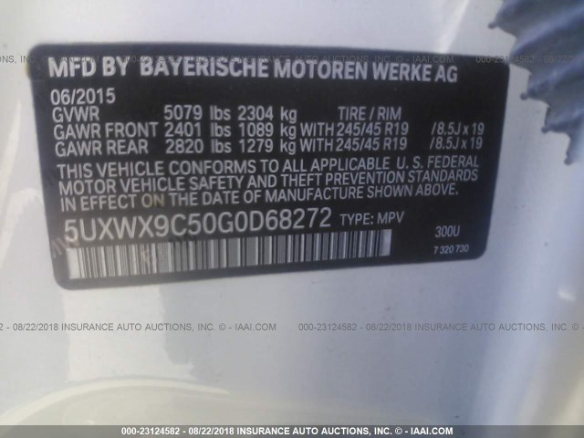 5UXWX9C50G0D68272 - 2016 BMW X3 XDRIVE28I WHITE photo 9