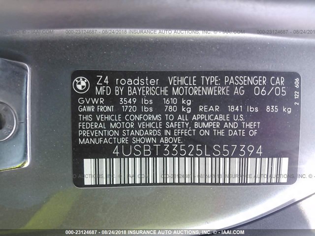 4USBT33525LS57394 - 2005 BMW Z4 2.5 GRAY photo 9