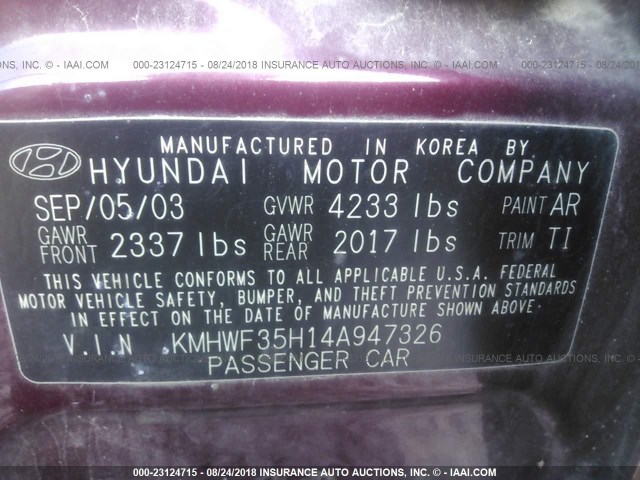 KMHWF35H14A947326 - 2004 HYUNDAI SONATA GLS/LX MAROON photo 9