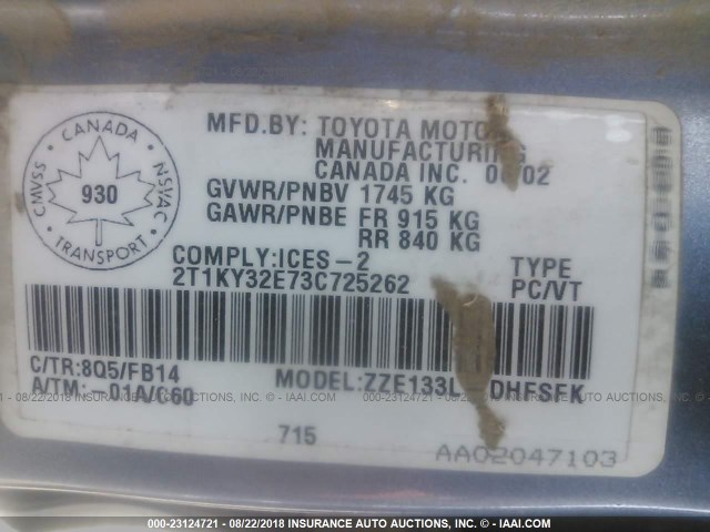 2T1KY32E73C725262 - 2003 TOYOTA COROLLA MATRIX XRS BLUE photo 9