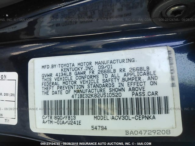 4T1BE32K82U510520 - 2002 TOYOTA CAMRY LE/XLE/SE Mavi foto 9