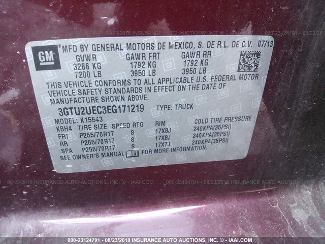 3GTU2UEC3EG171219 - 2014 GMC SIERRA K1500 SLE RED photo 9