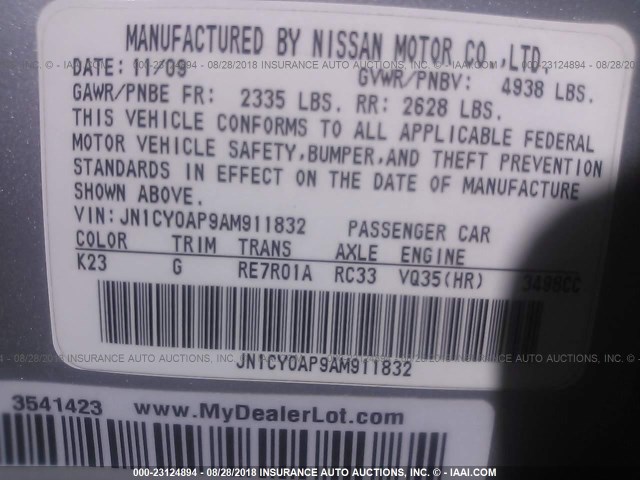 JN1CY0AP9AM911832 - 2010 INFINITI M35 SILVER photo 9