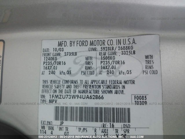 1FMZU73W94UA62866 - 2004 FORD EXPLORER XLT/XLT SPORT/NBX 银色 照片 9