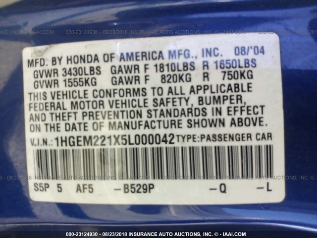 1HGEM221X5L000042 - 2005 HONDA CIVIC DX VP Mavi foto 9