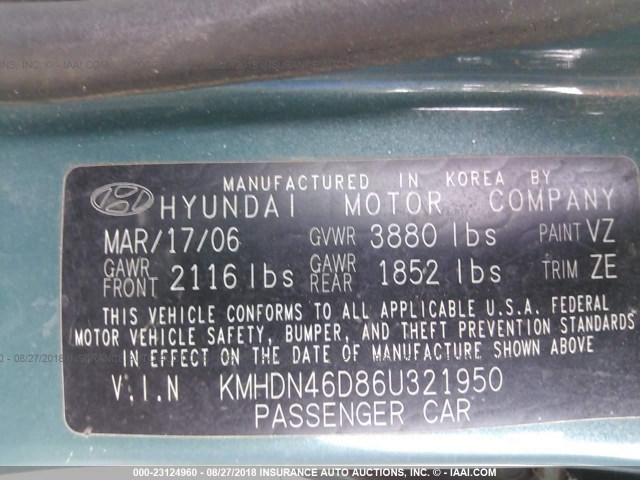 KMHDN46D86U321950 - 2006 HYUNDAI ELANTRA GLS/GT/LIMITED GREEN photo 9