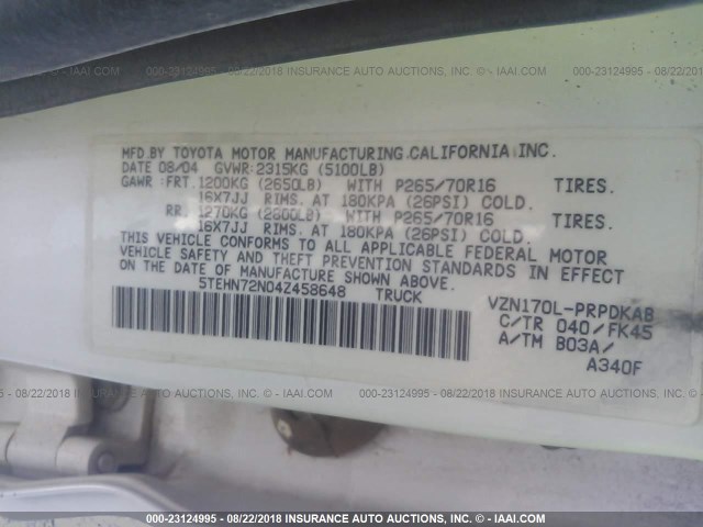 5TEHN72N04Z458648 - 2004 TOYOTA TACOMA DOUBLE CAB 白色 照片 9