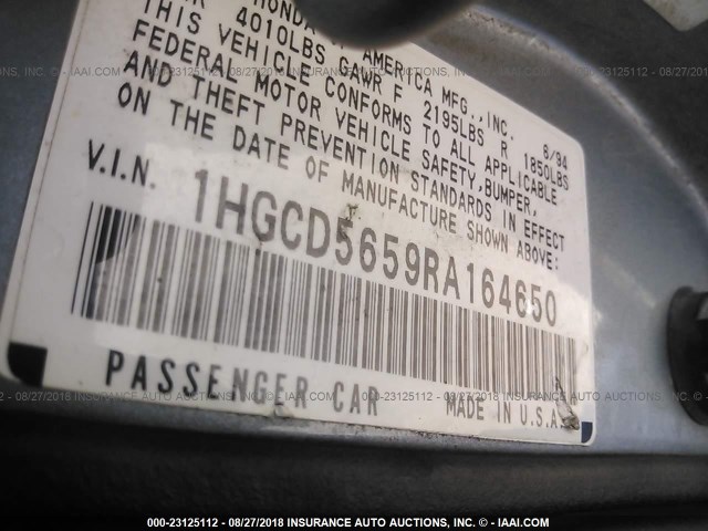 1HGCD5659RA164650 - 1994 HONDA ACCORD EX/EX-R BLUE photo 9