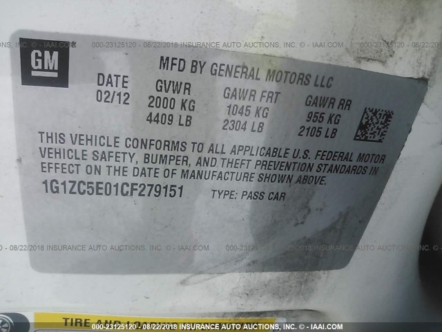 1G1ZC5E01CF279151 - 2012 CHEVROLET MALIBU 1LT თეთრი ფოტო 9