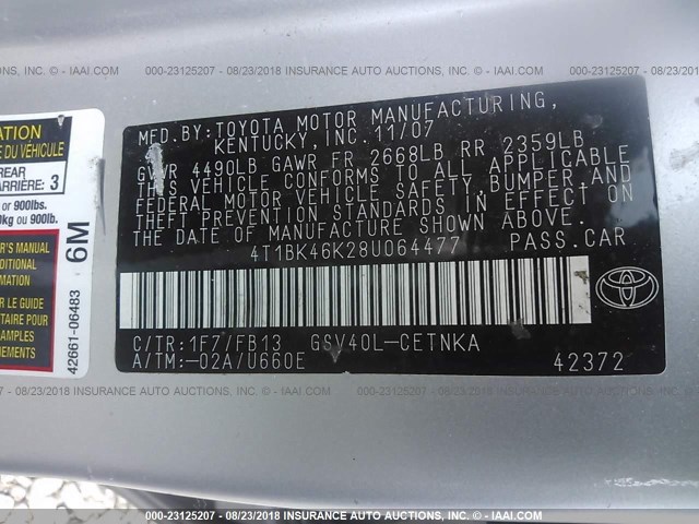 4T1BK46K28U064477 - 2008 TOYOTA CAMRY LE/XLE/SE Күміс фото 9