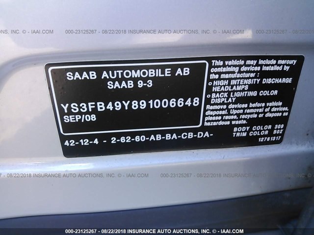 YS3FB49Y891006648 - 2009 SAAB 9-3 2.0T SILVER photo 9