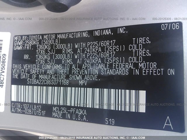 5TDBA22C86S071168 - 2006 TOYOTA SIENNA XLE/XLE LIMITED SILVER photo 9