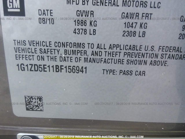 1G1ZD5E11BF156941 - 2011 CHEVROLET MALIBU 2LT GRAY photo 9