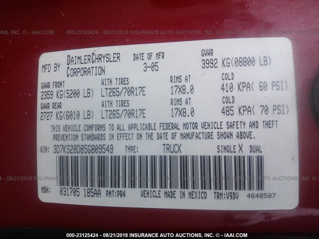 3D7KS28D85G809549 - 2005 DODGE RAM 2500 ST/SLT 红色 照片 9