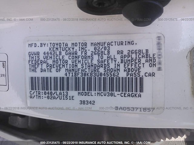 4T1BF30K83U045562 - 2003 TOYOTA CAMRY LE/XLE/SE 白色 照片 9