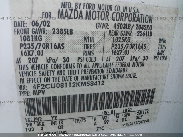 4F2CU08112KM58412 - 2002 MAZDA TRIBUTE LX/ES 白色 照片 9