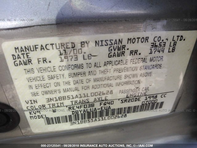 3N1BB51A11L002628 - 2001 NISSAN SENTRA SE GRAY photo 9