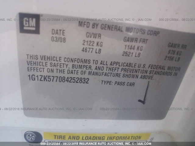 1G1ZK577084252832 - 2008 CHEVROLET MALIBU LTZ 白色 照片 9