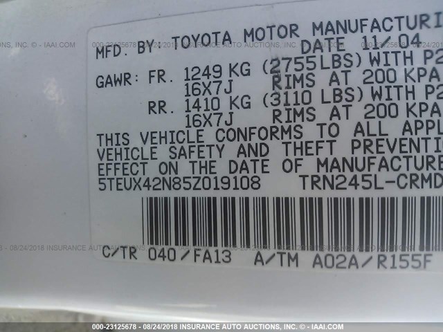 5TEUX42N85Z019108 - 2005 TOYOTA TACOMA ACCESS CAB Weiß Foto 9