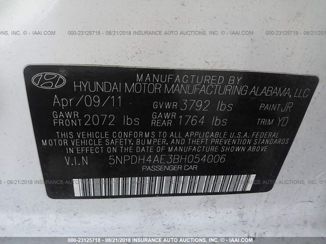 5NPDH4AE3BH054006 - 2011 HYUNDAI ELANTRA GLS/LIMITED WHITE photo 9