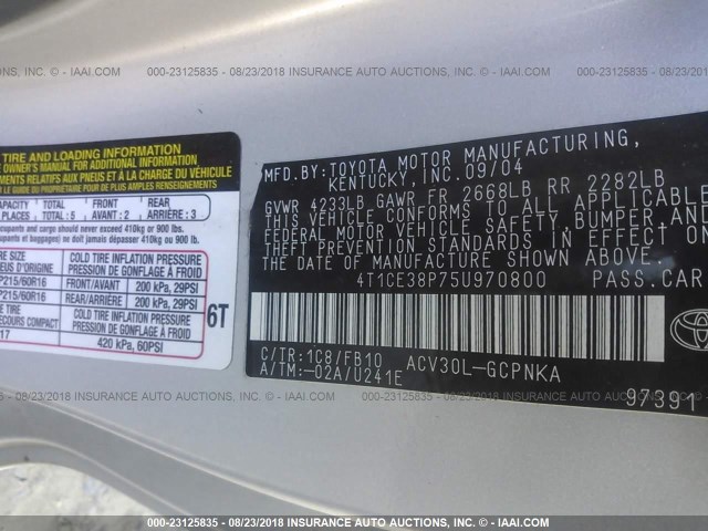 4T1CE38P75U970800 - 2005 TOYOTA CAMRY SOLARA SE/SLE SILVER photo 9