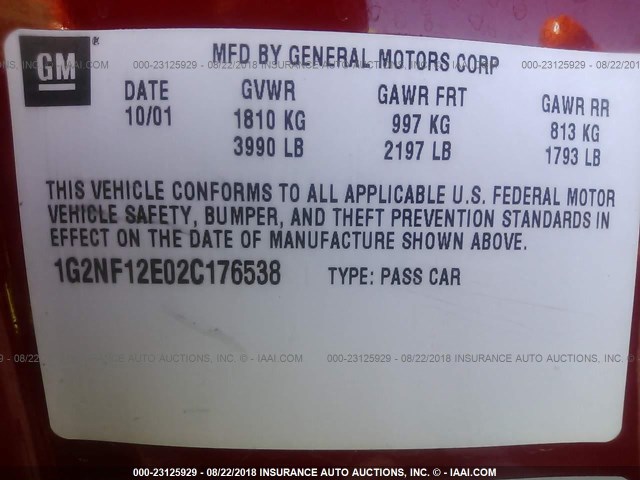 1G2NF12E02C176538 - 2002 PONTIAC GRAND AM SE1 RED photo 9