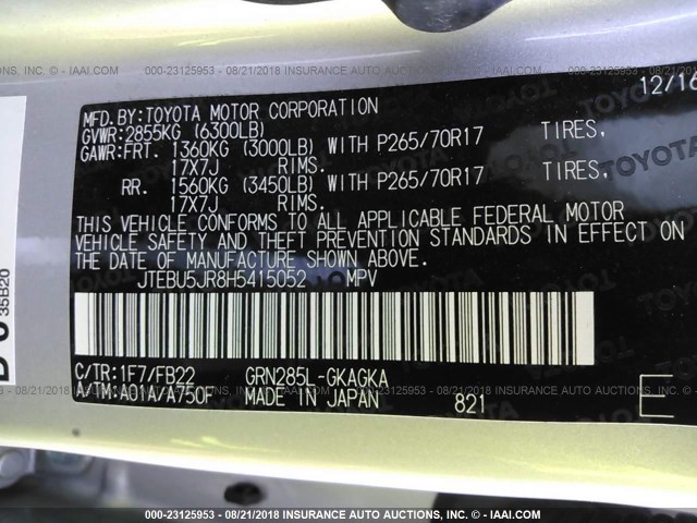 JTEBU5JR8H5415052 - 2017 TOYOTA 4RUNNER SR5 PREM/LTDL/TRAIL/TRD SILVER photo 9