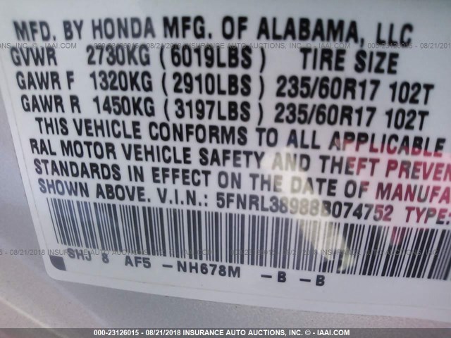 5FNRL38988B074752 - 2008 HONDA ODYSSEY TOURING SILVER photo 9