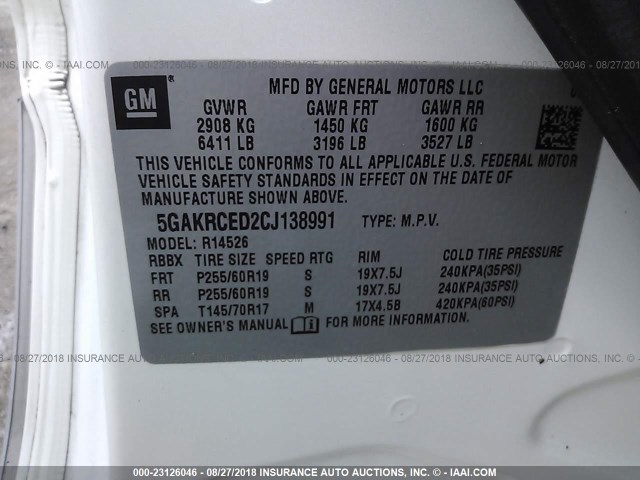 5GAKRCED2CJ138991 - 2012 BUICK ENCLAVE CREAM photo 9