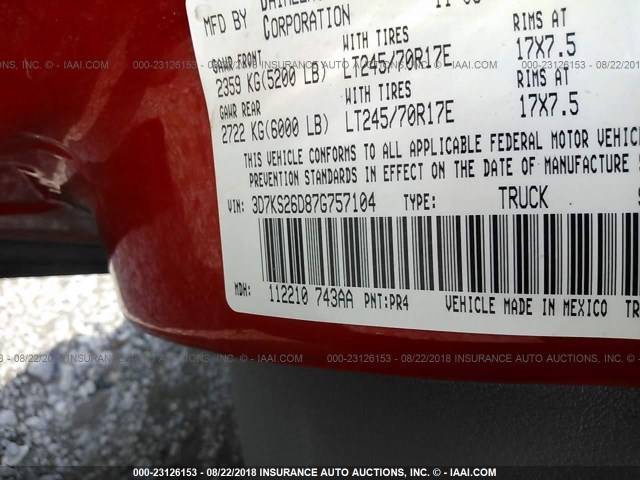 3D7KS26D87G757104 - 2007 DODGE RAM 2500 ST/SLT 红色 照片 9
