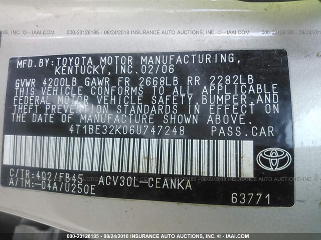 4T1BE32K06U747248 - 2006 TOYOTA CAMRY LE/XLE/SE Алтын фото 9