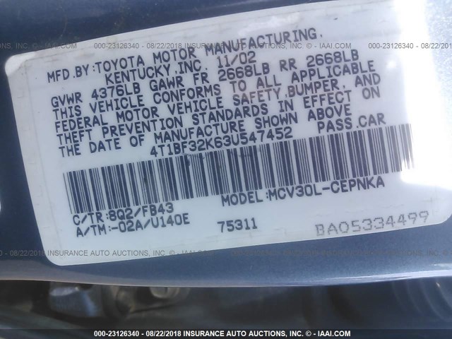 4T1BF32K63U547452 - 2003 TOYOTA CAMRY LE/XLE/SE Mavi foto 9