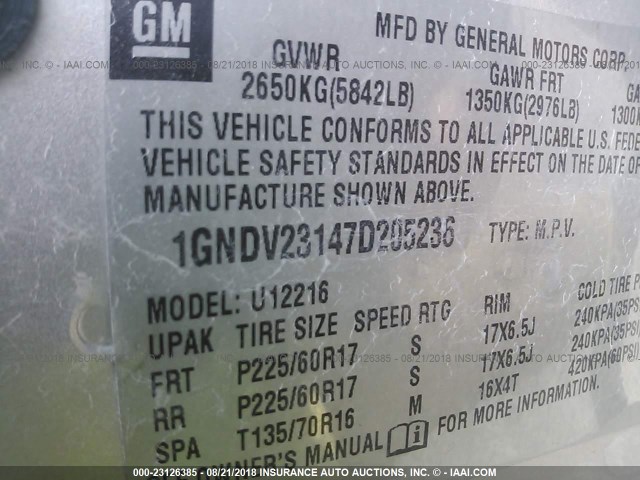 1GNDV23147D205236 - 2007 CHEVROLET UPLANDER LS SILVER photo 9