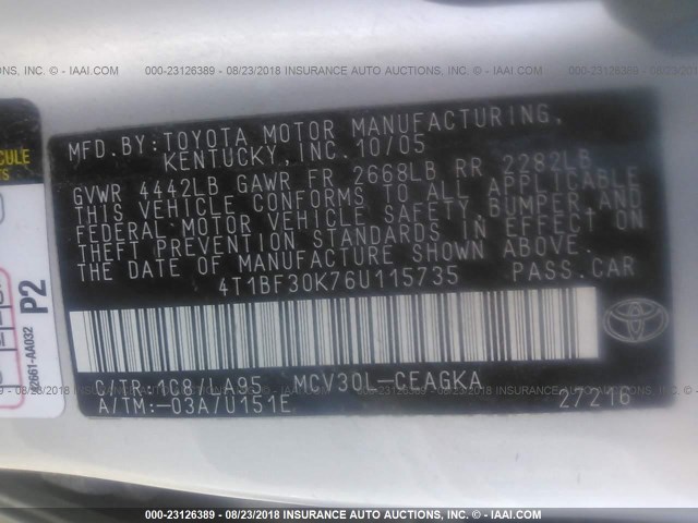 4T1BF30K76U115735 - 2006 TOYOTA CAMRY LE/XLE/SE 银色 照片 9