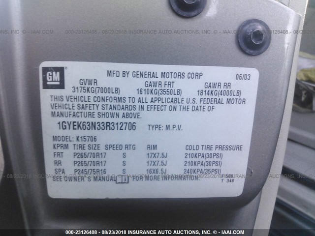 1GYEK63N33R312706 - 2003 CADILLAC ESCALADE LUXURY ვერცხლისფერი ფოტო 9