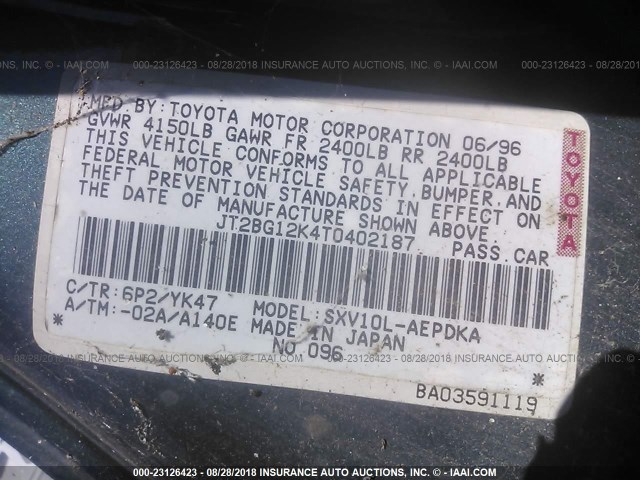 JT2BG12K4T0402187 - 1996 TOYOTA CAMRY DX/LE/XLE GREEN photo 9