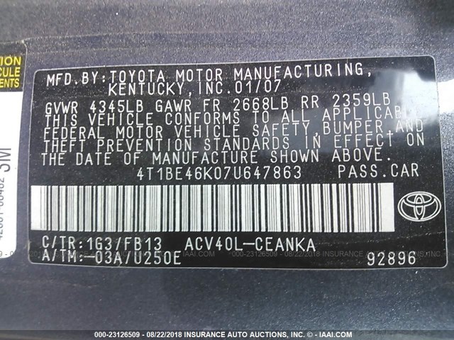 4T1BE46K07U647863 - 2007 TOYOTA CAMRY NEW GENERAT CE/LE/XLE/SE GRAY photo 9