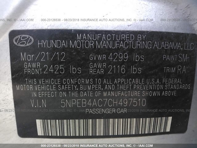 5NPEB4AC7CH497510 - 2012 HYUNDAI SONATA GLS SILVER photo 9