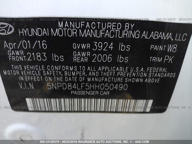 5NPD84LF5HH050490 - 2017 HYUNDAI ELANTRA SE/VALUE/LIMITED WHITE photo 9